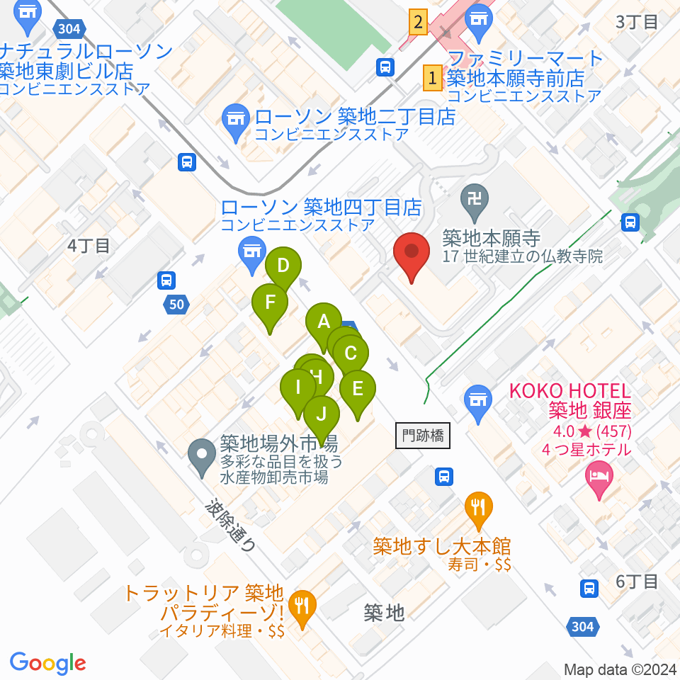 築地本願寺ブディストホール周辺のカフェ一覧地図