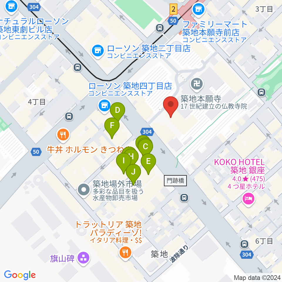 築地本願寺ブディストホール周辺のカフェ一覧地図