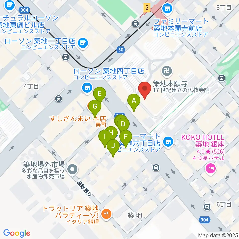 築地本願寺ブディストホール周辺のカフェ一覧地図