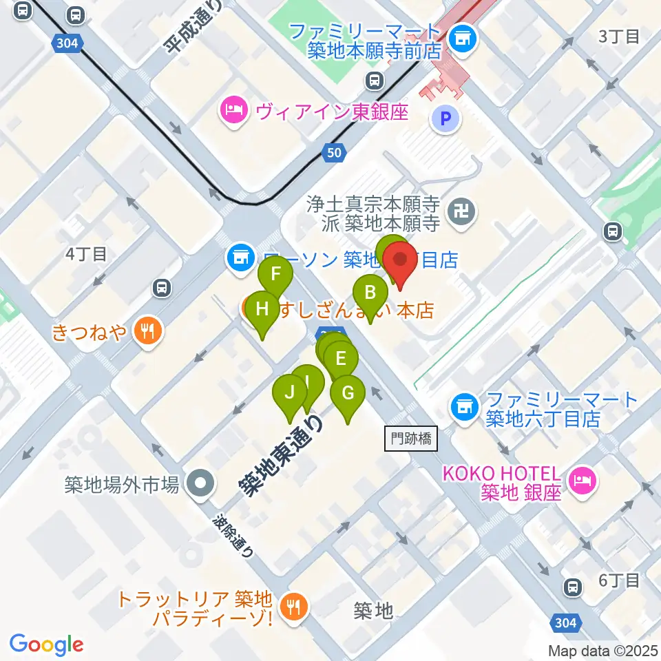築地本願寺ブディストホール周辺のカフェ一覧地図