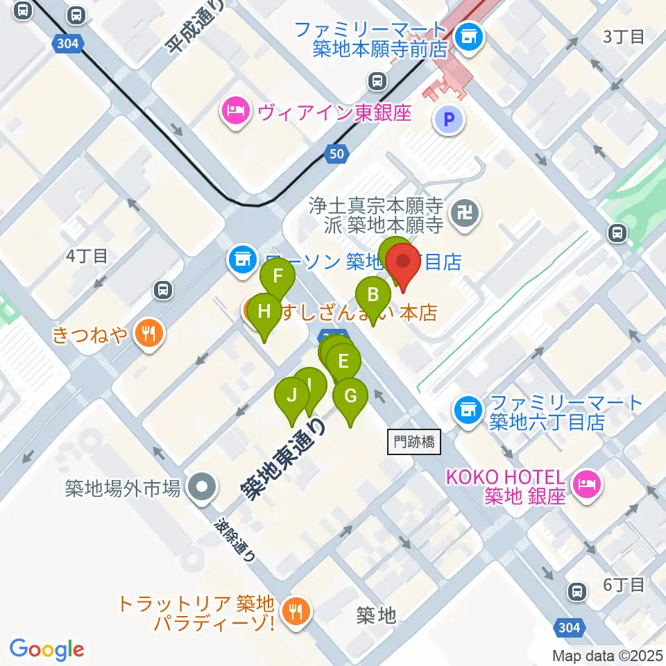 築地本願寺ブディストホール周辺のカフェ一覧地図