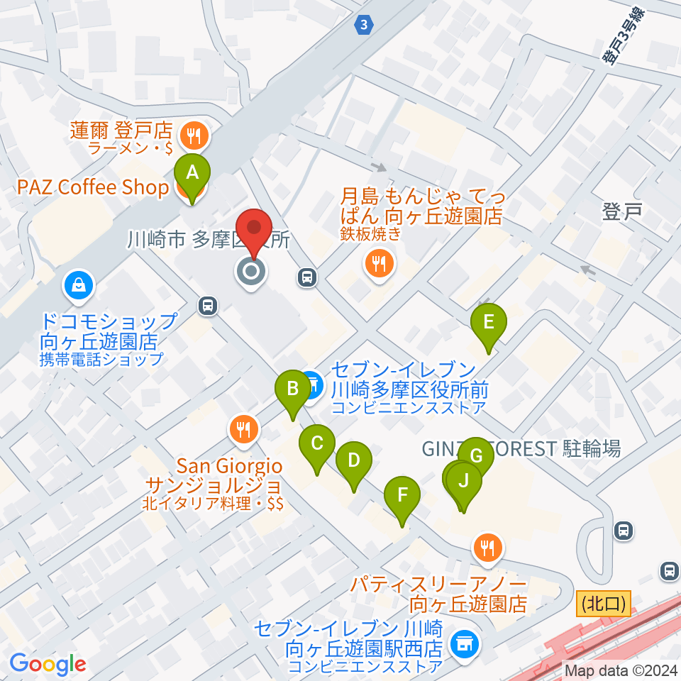 川崎市多摩市民館周辺のカフェ一覧地図