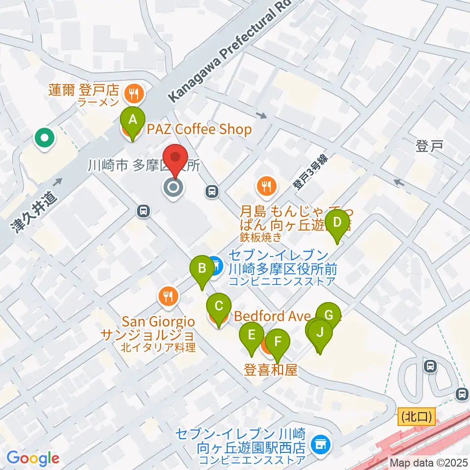 川崎市多摩市民館周辺のカフェ一覧地図
