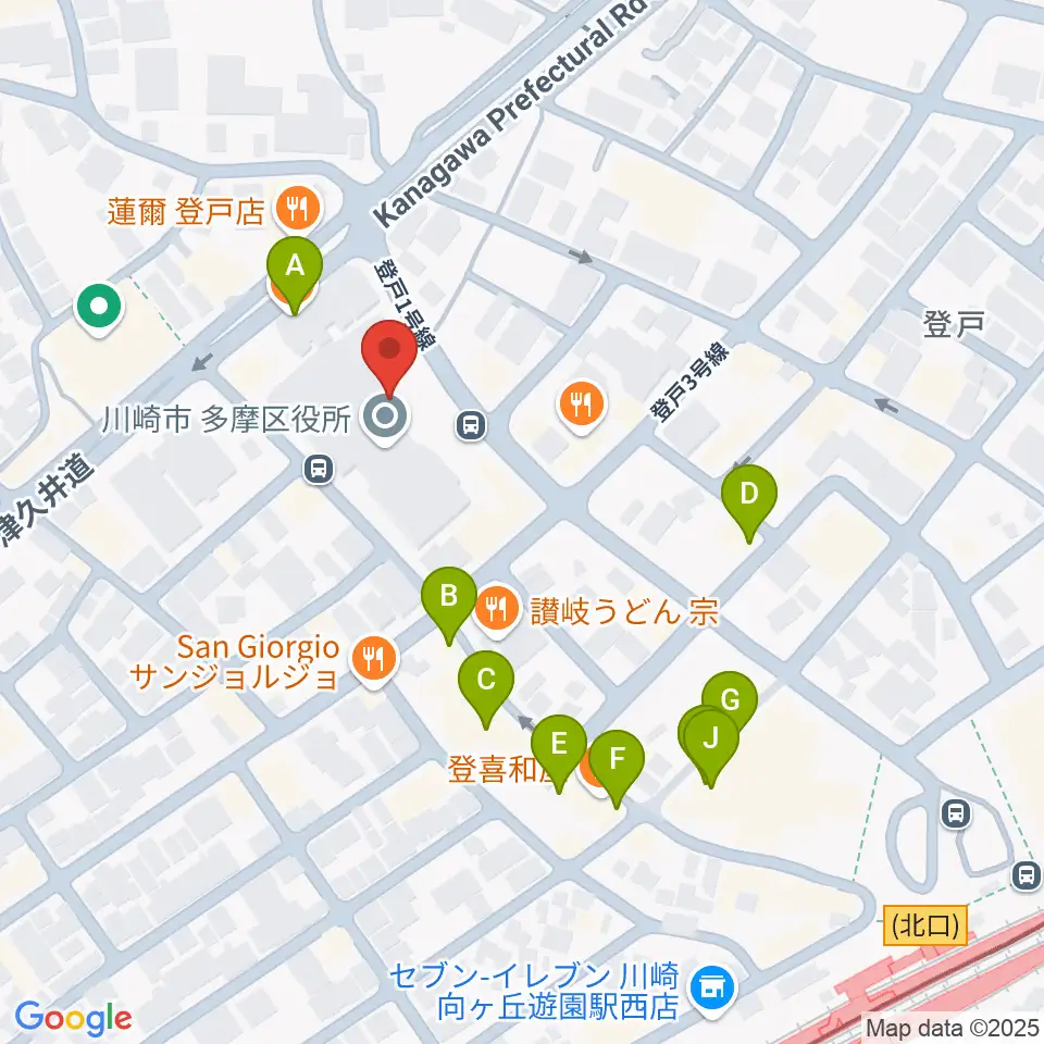川崎市多摩市民館周辺のカフェ一覧地図
