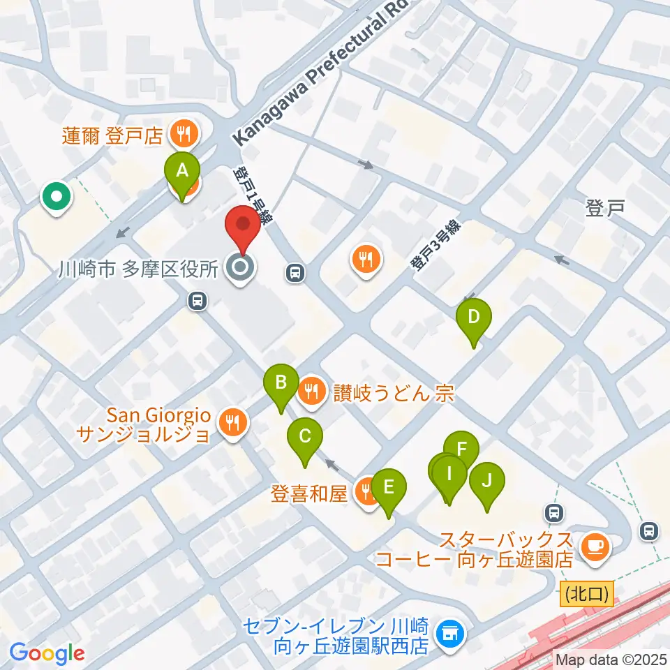 川崎市多摩市民館周辺のカフェ一覧地図