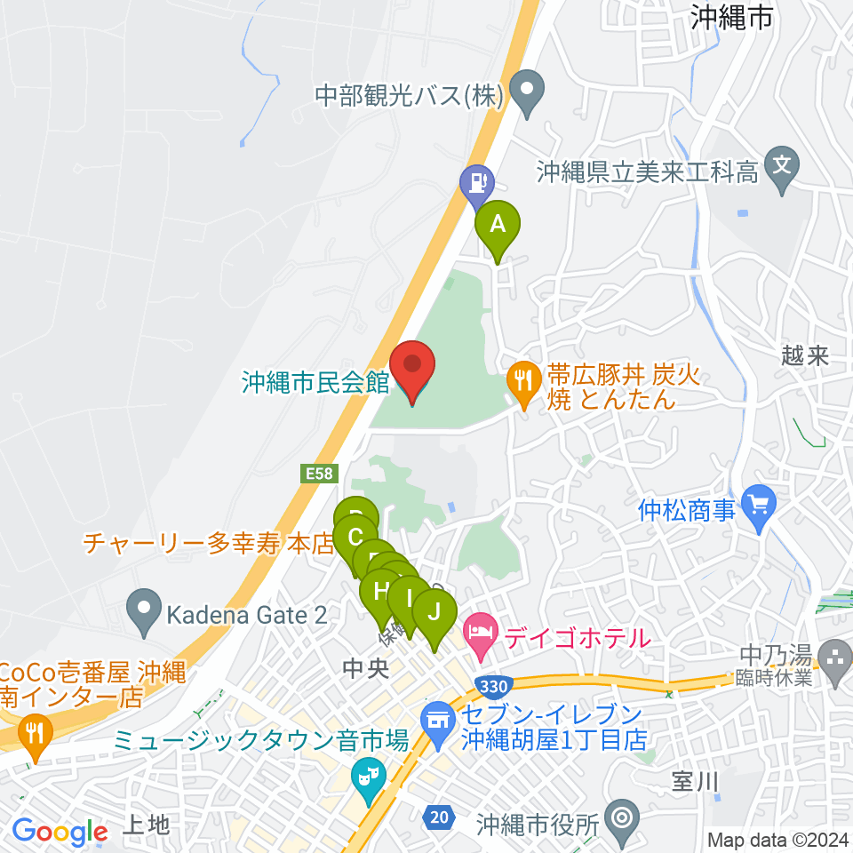沖縄市民会館周辺のカフェ一覧地図