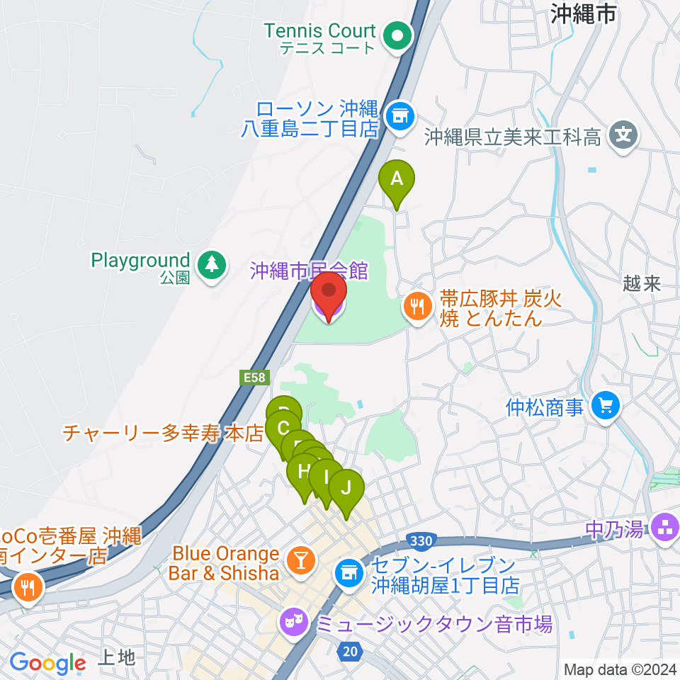 沖縄市民会館周辺のカフェ一覧地図