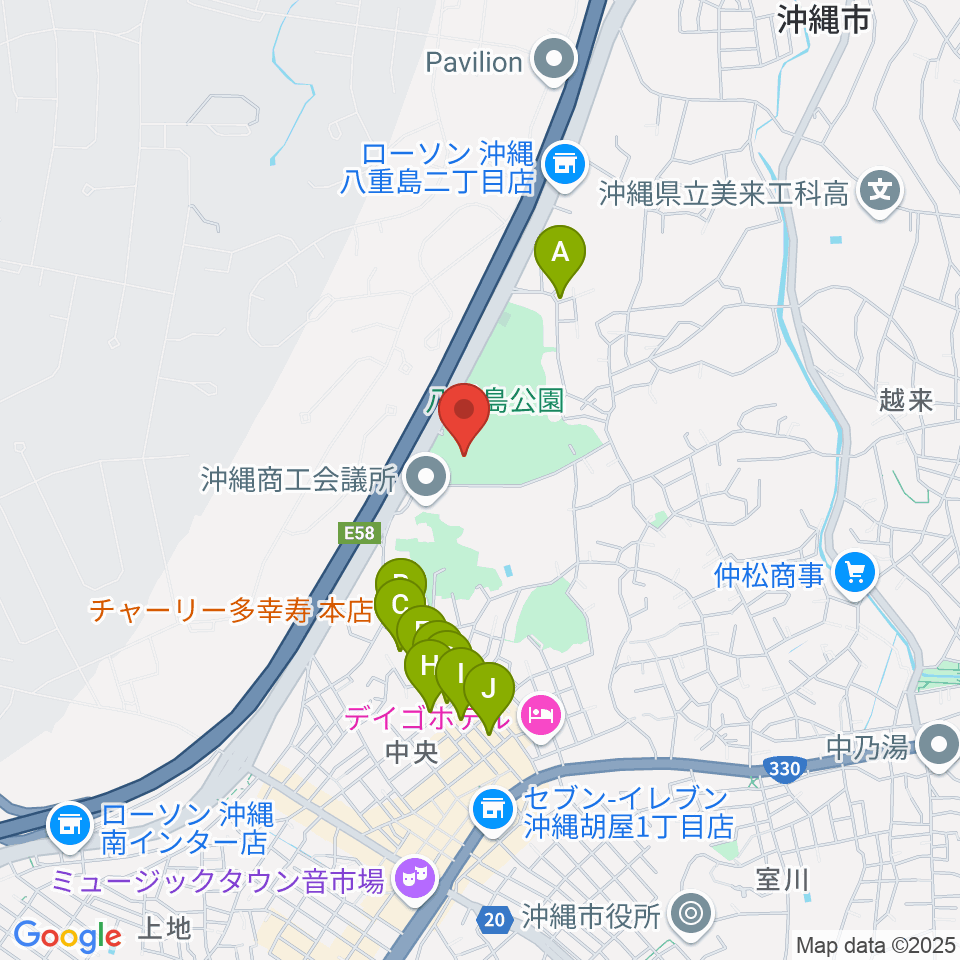 沖縄市民会館周辺のカフェ一覧地図