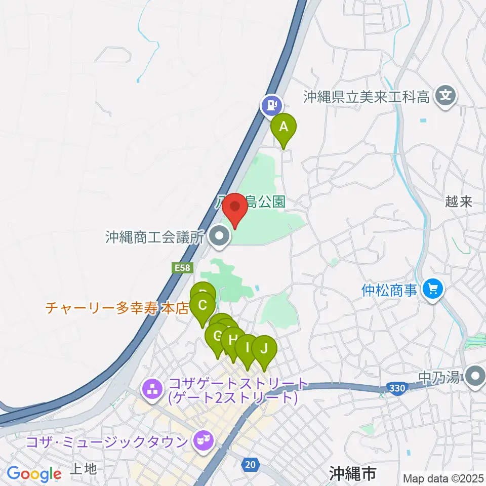沖縄市民会館周辺のカフェ一覧地図