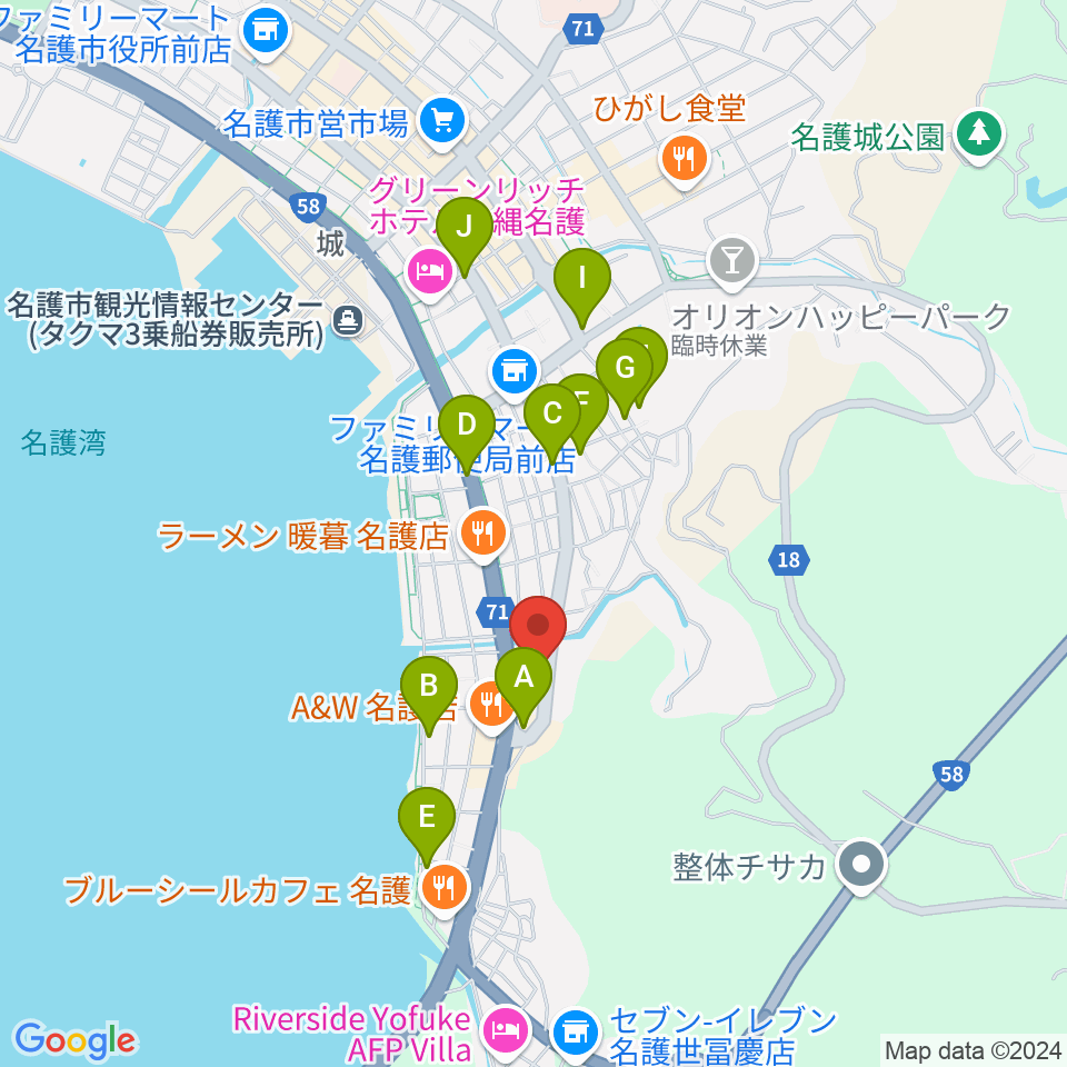 名護BIRDLAND周辺のカフェ一覧地図