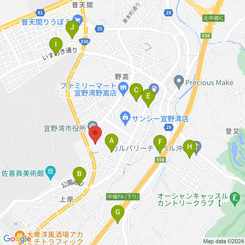 宜野湾市民会館周辺のカフェ一覧地図