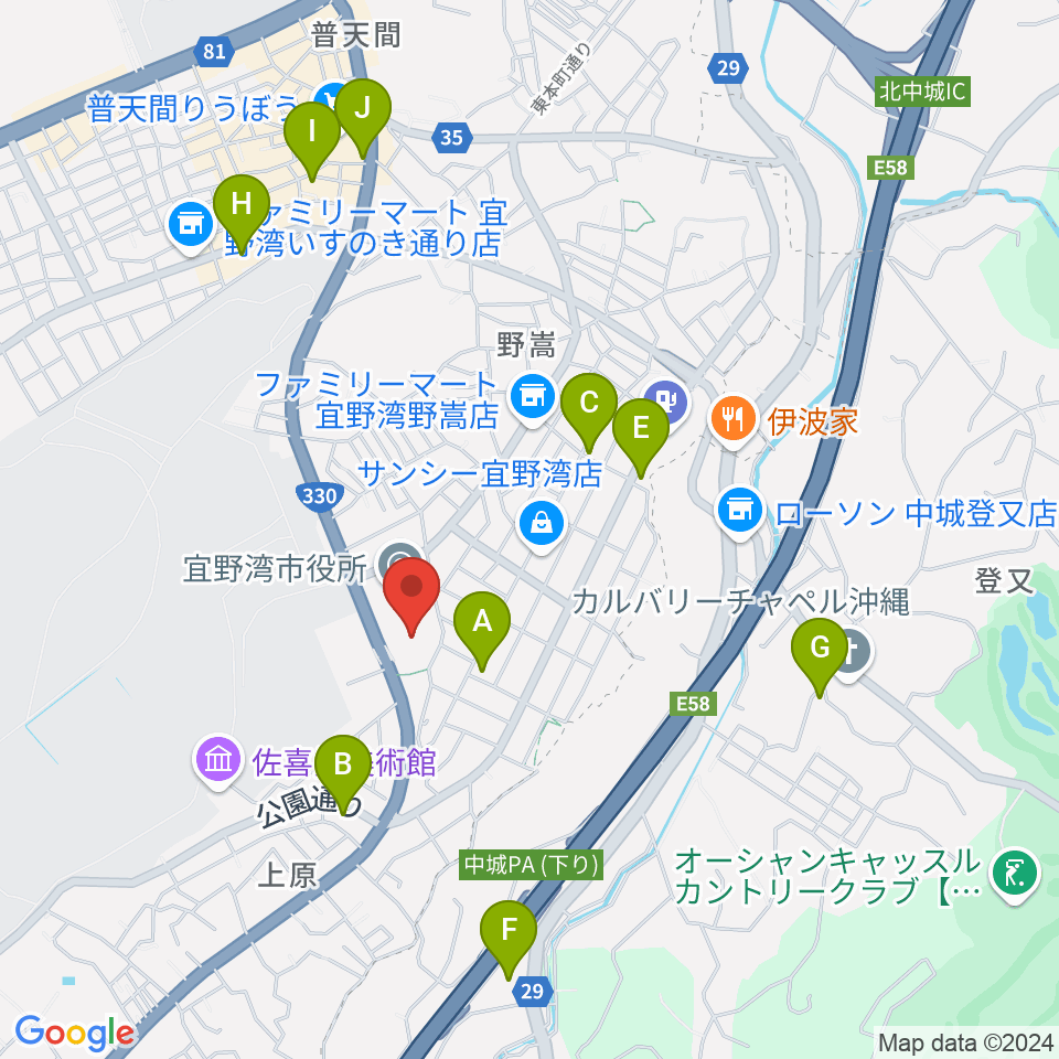 宜野湾市民会館周辺のカフェ一覧地図