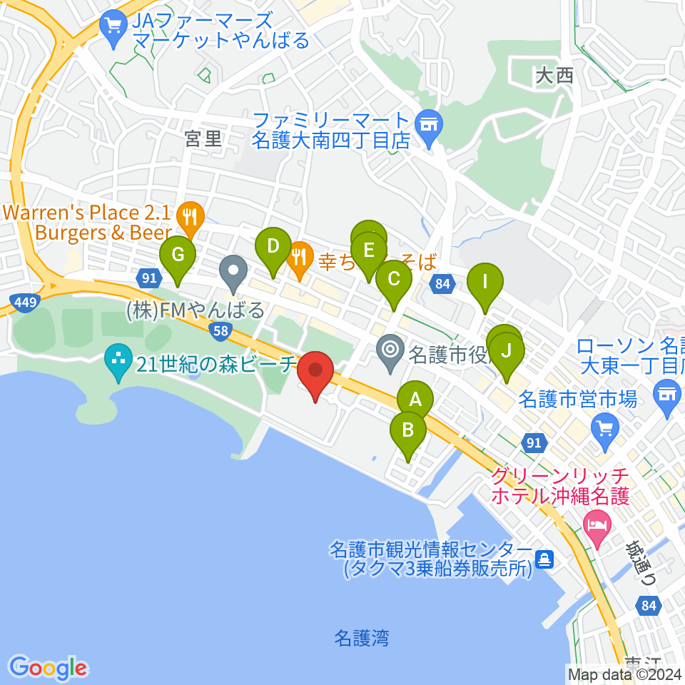 名護市民会館周辺のカフェ一覧地図