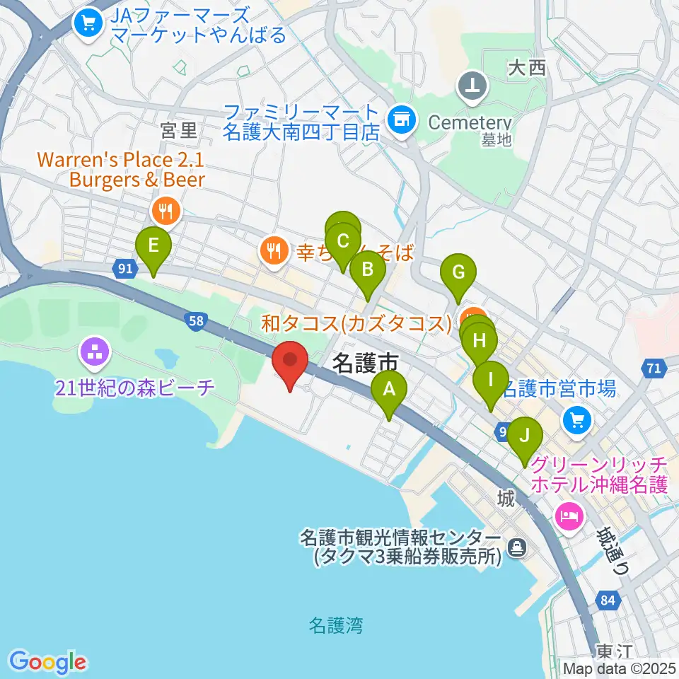 名護市民会館周辺のカフェ一覧地図
