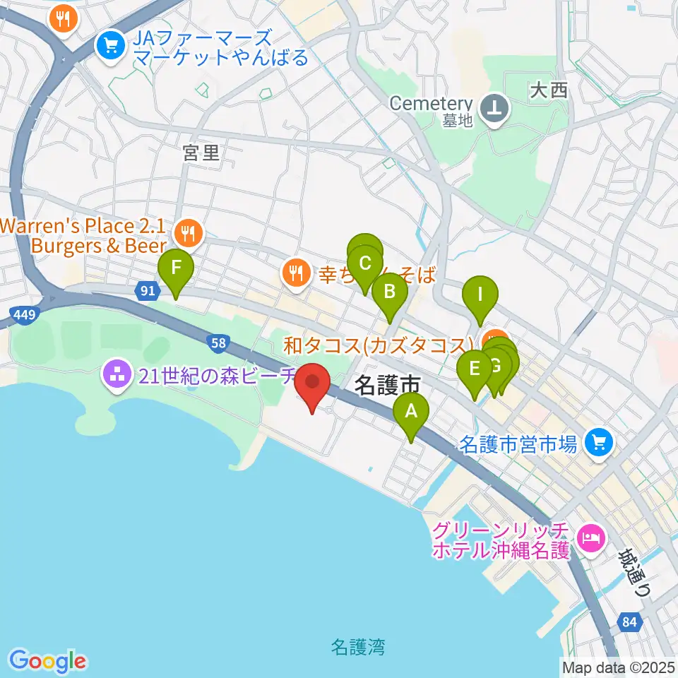名護市民会館周辺のカフェ一覧地図