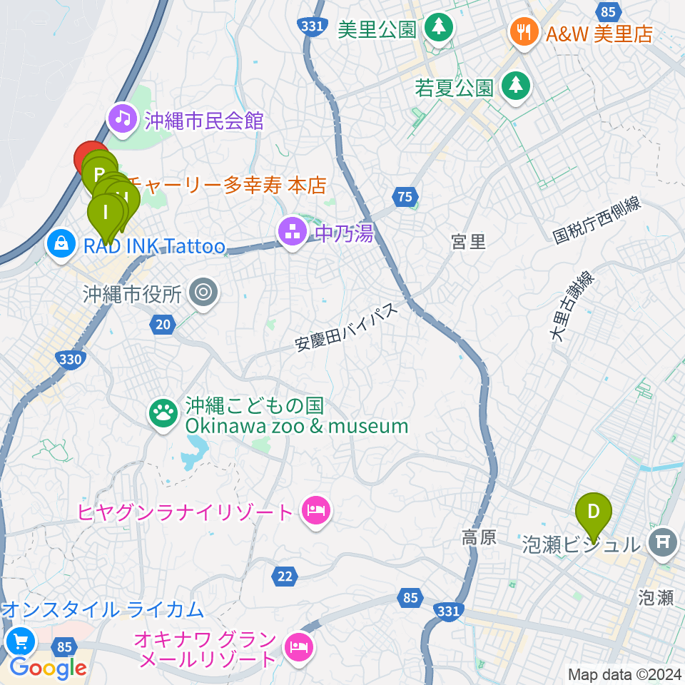 沖縄市民小劇場あしびなー周辺のカフェ一覧地図