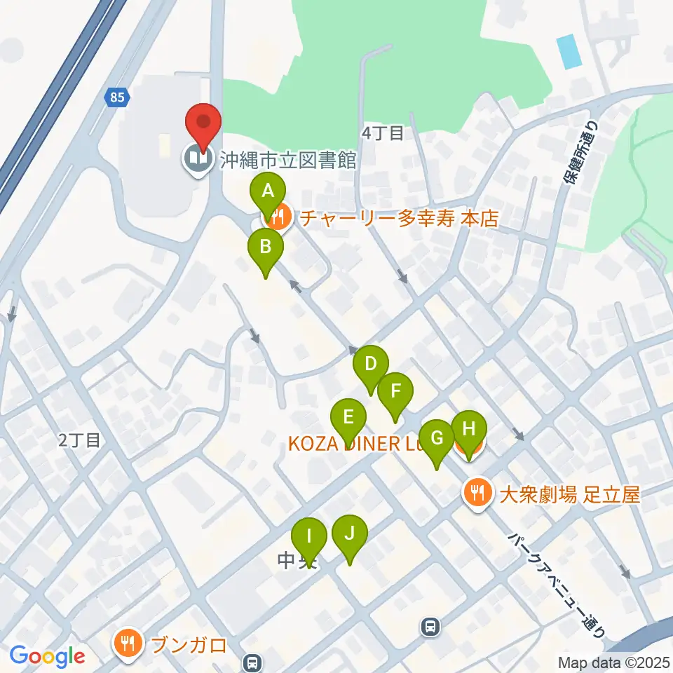 沖縄市民小劇場あしびなー周辺のカフェ一覧地図