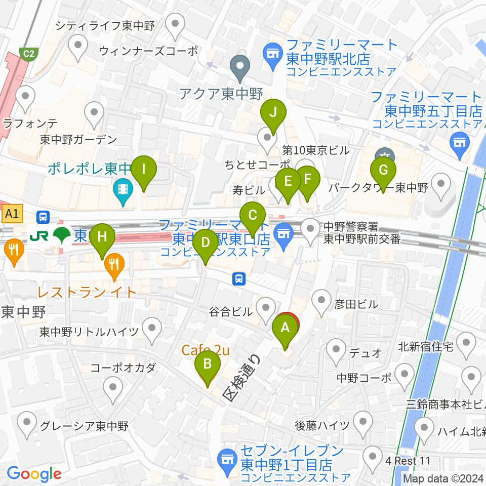 ミオンミュージックスクール東中野2号館周辺のカフェ一覧地図