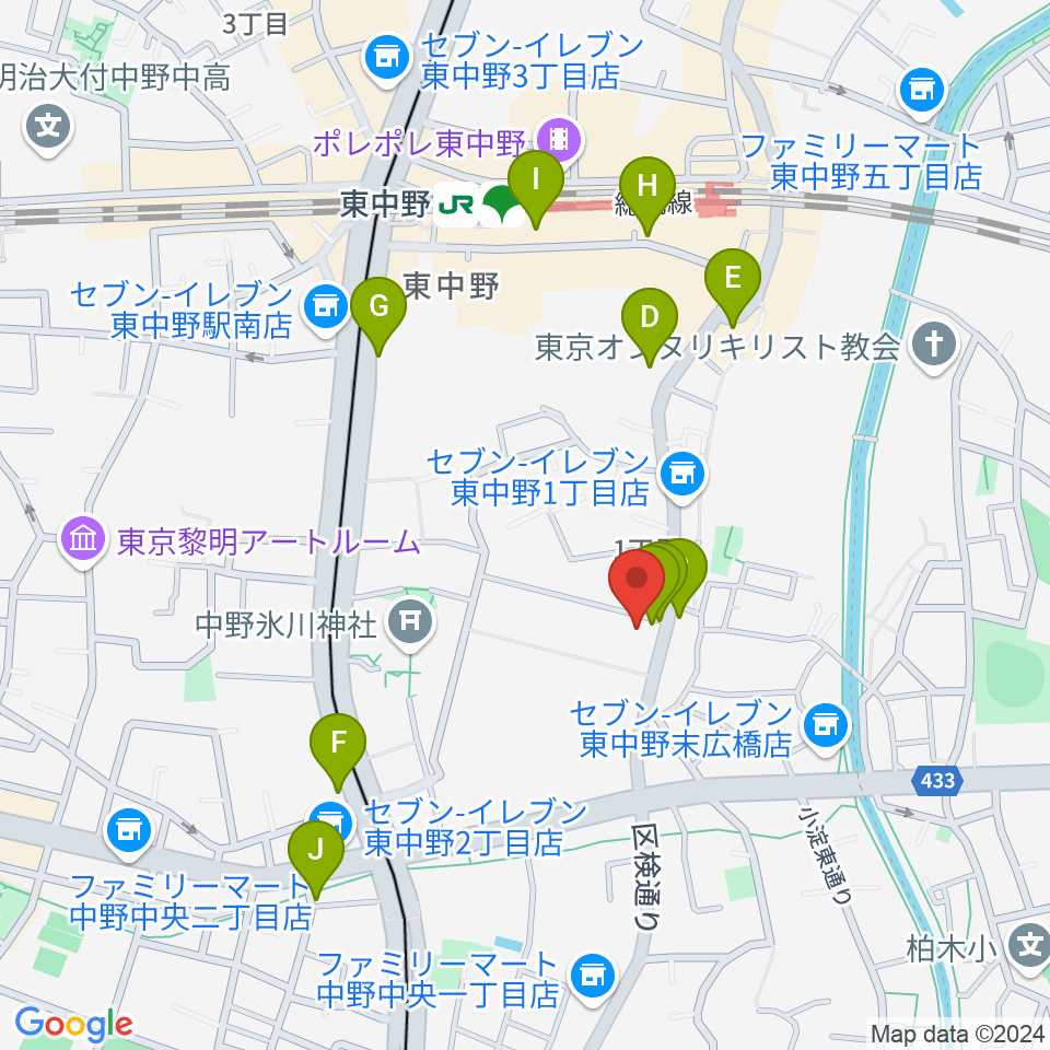 ミオンミュージックスクール東中野教室周辺のカフェ一覧地図