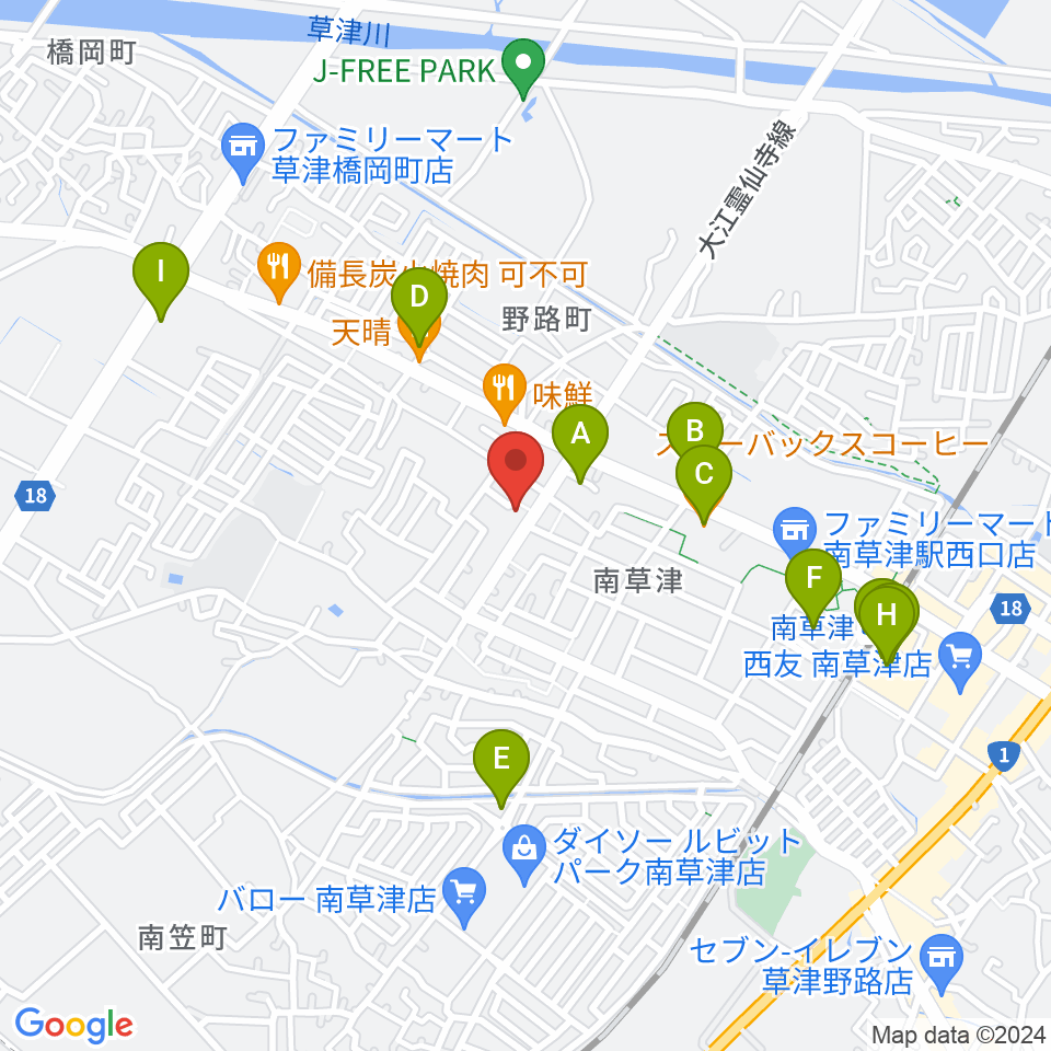 ロマン楽器 草津本店・ロマンホール周辺のカフェ一覧地図
