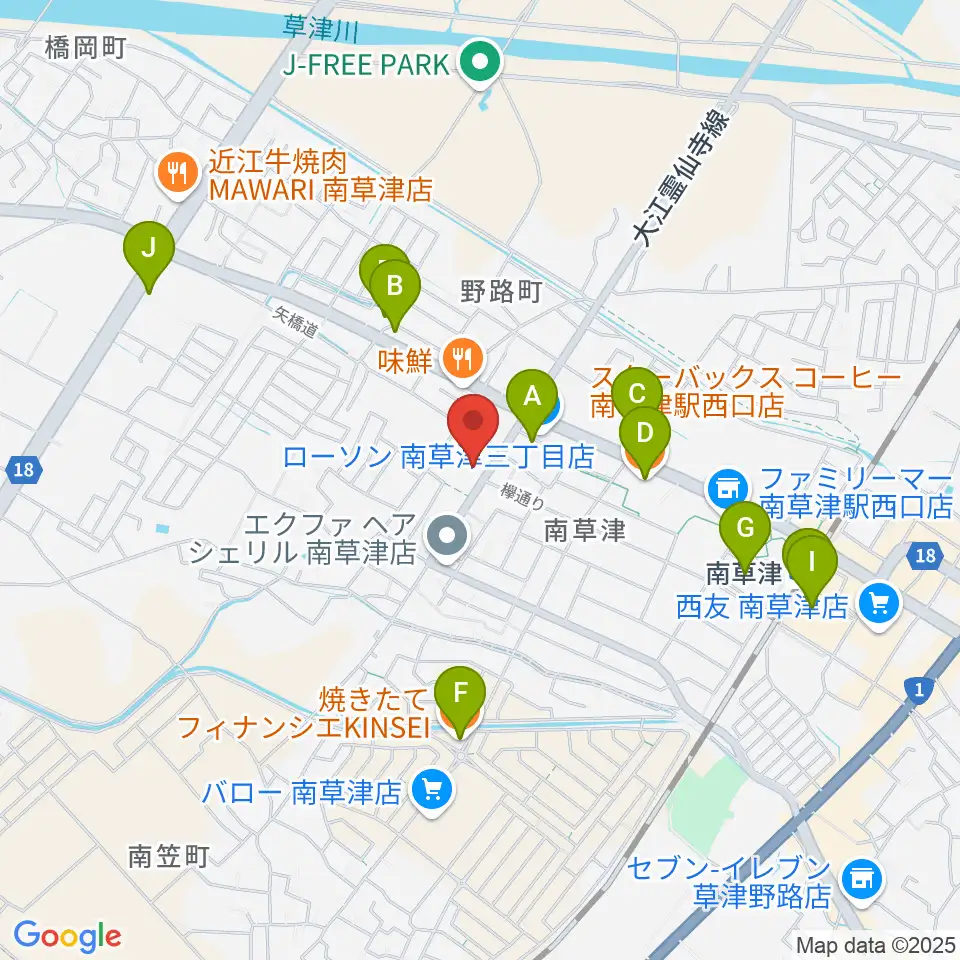 ロマン楽器 草津本店・ロマンホール周辺のカフェ一覧地図