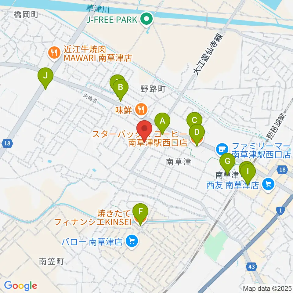ロマン楽器 草津本店・ロマンホール周辺のカフェ一覧地図