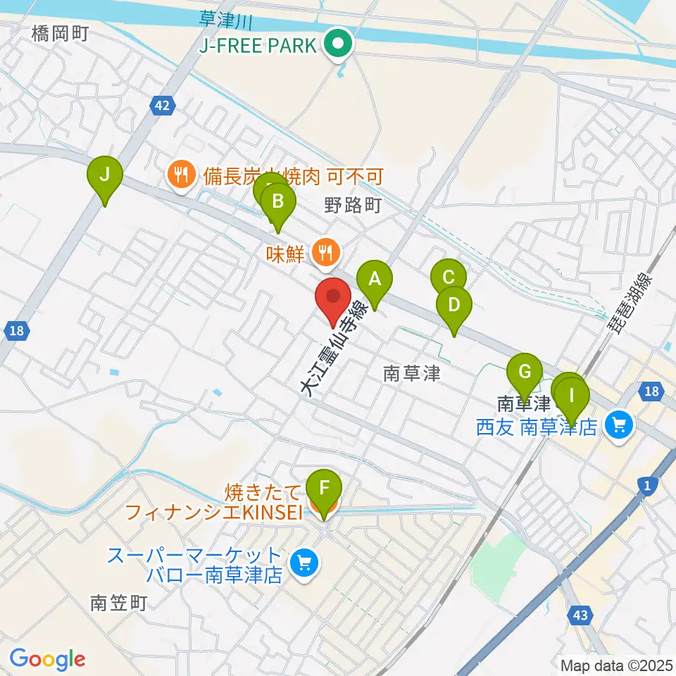 ロマン楽器 草津本店・ロマンホール周辺のカフェ一覧地図