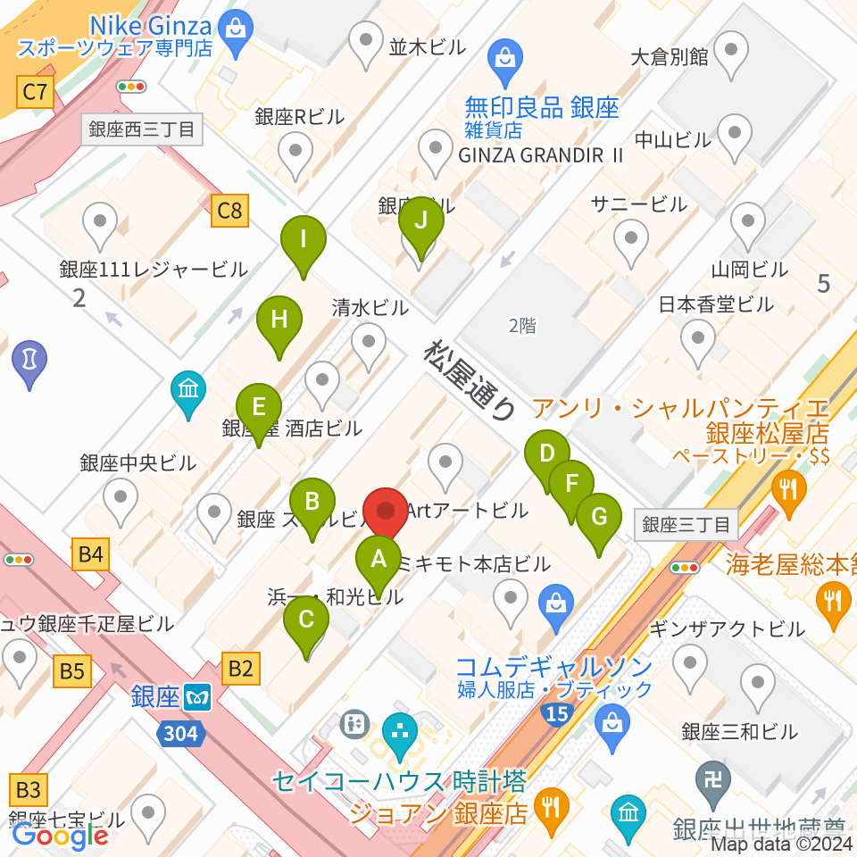 銀座十字屋ハープ＆フルートサロン周辺のカフェ一覧地図