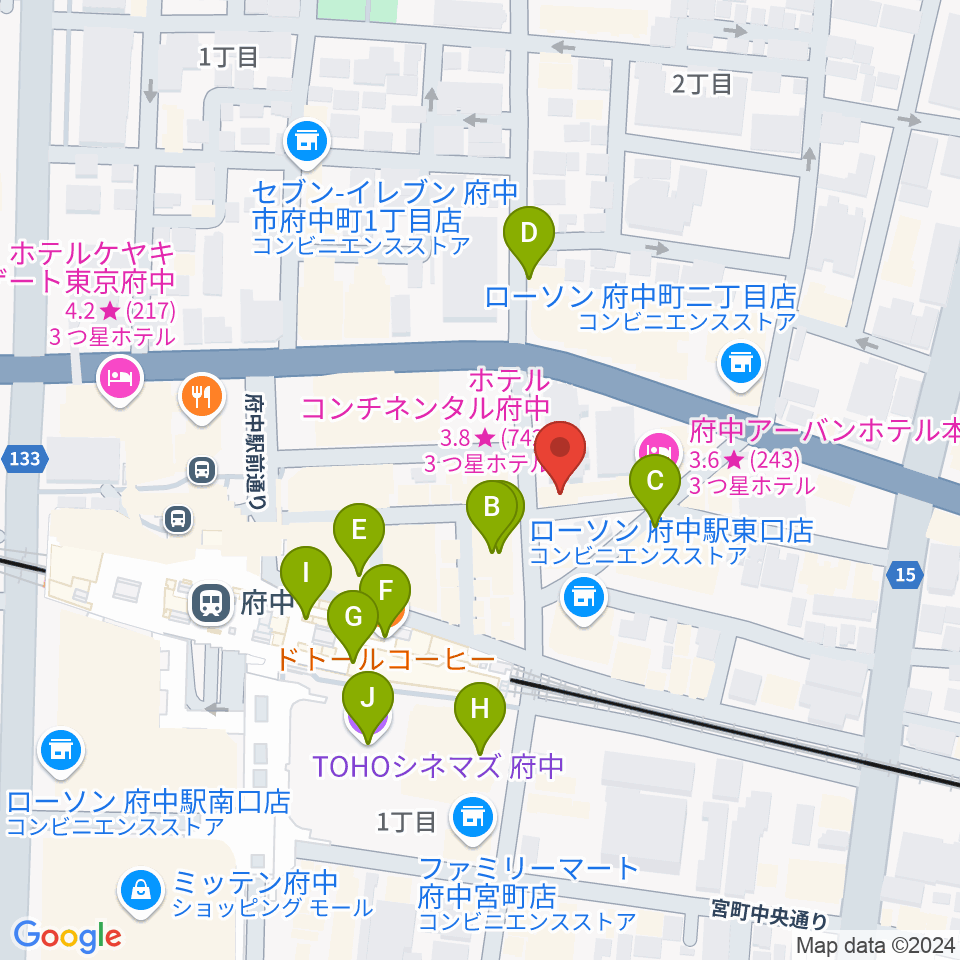 東京府中ギター教室周辺のカフェ一覧地図