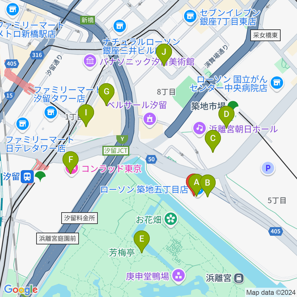 汐留ブルームード周辺のカフェ一覧地図