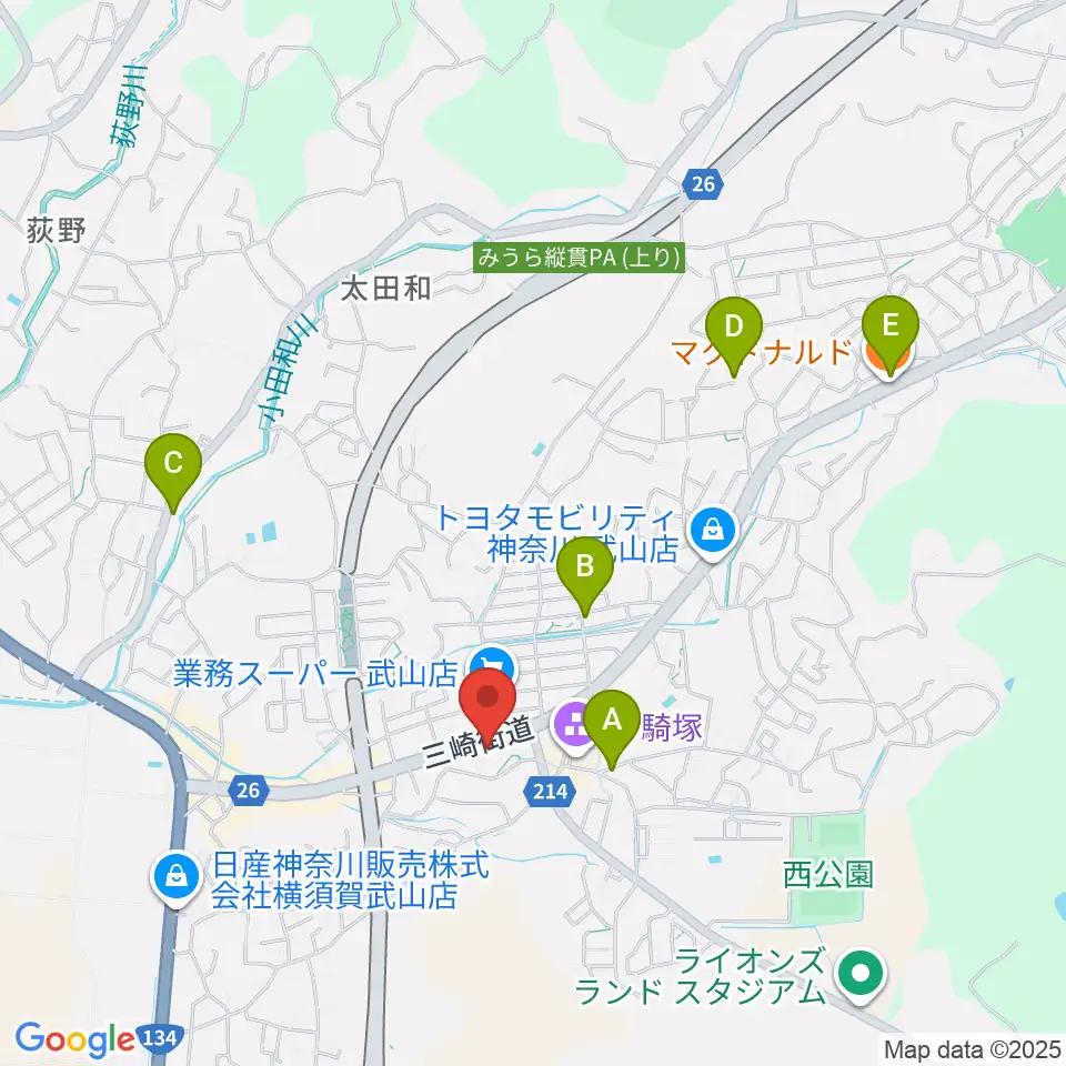 こんちぇると音楽教室周辺のカフェ一覧地図