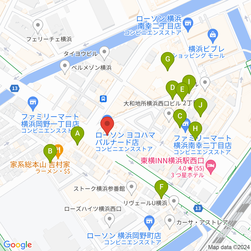 横浜ギタースクール周辺のカフェ一覧地図