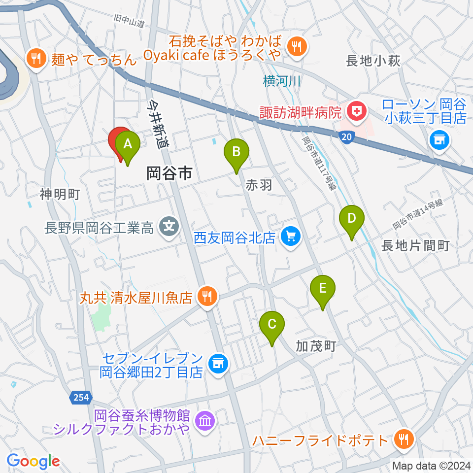 オグチ楽器 岡谷本社周辺のカフェ一覧地図