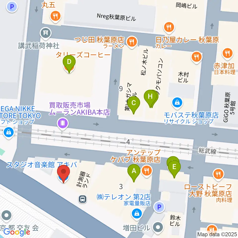 スタジオ音楽館 アキバ周辺のカフェ一覧地図