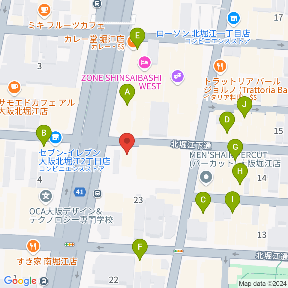 堀江Goldee周辺のカフェ一覧地図