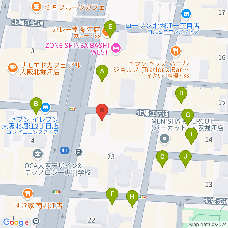 堀江Goldee周辺のカフェ一覧地図