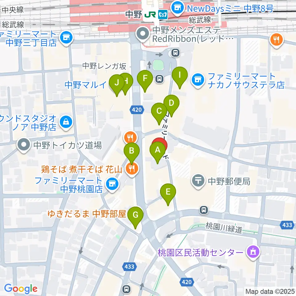 はせべ楽器周辺のカフェ一覧地図