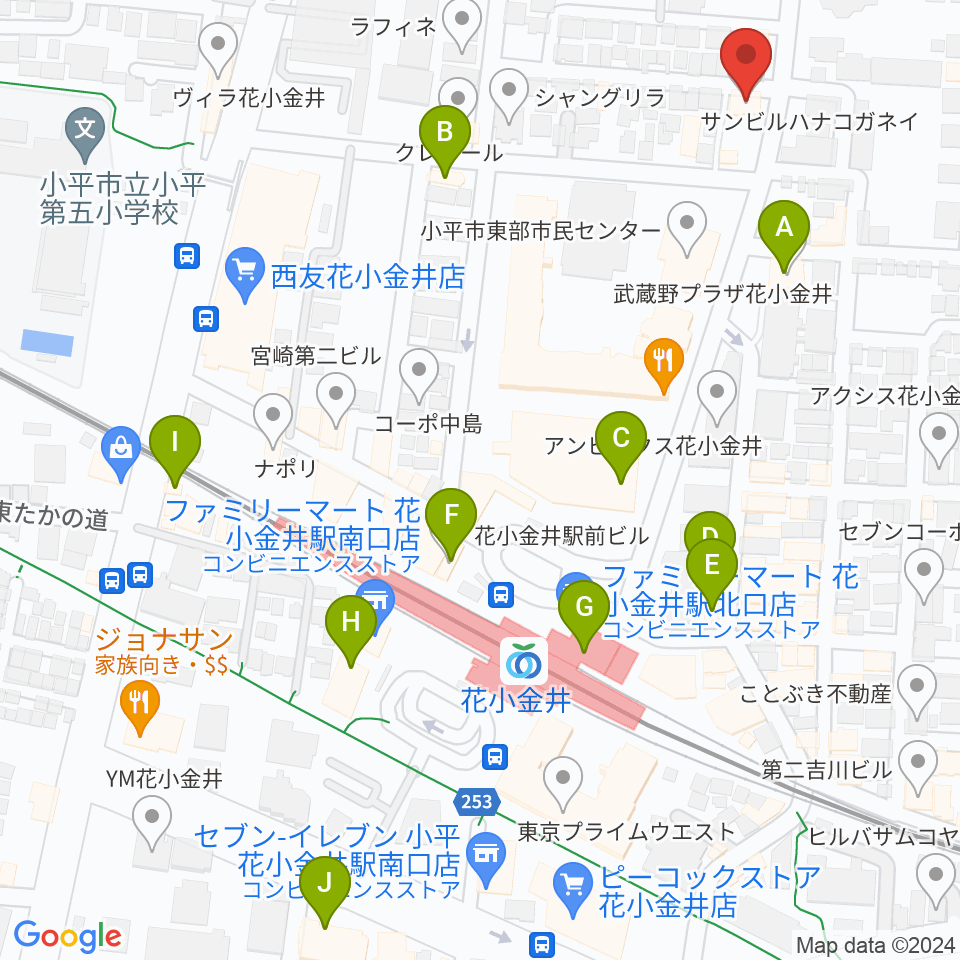 宮地楽器 花小金井センター周辺のカフェ一覧地図