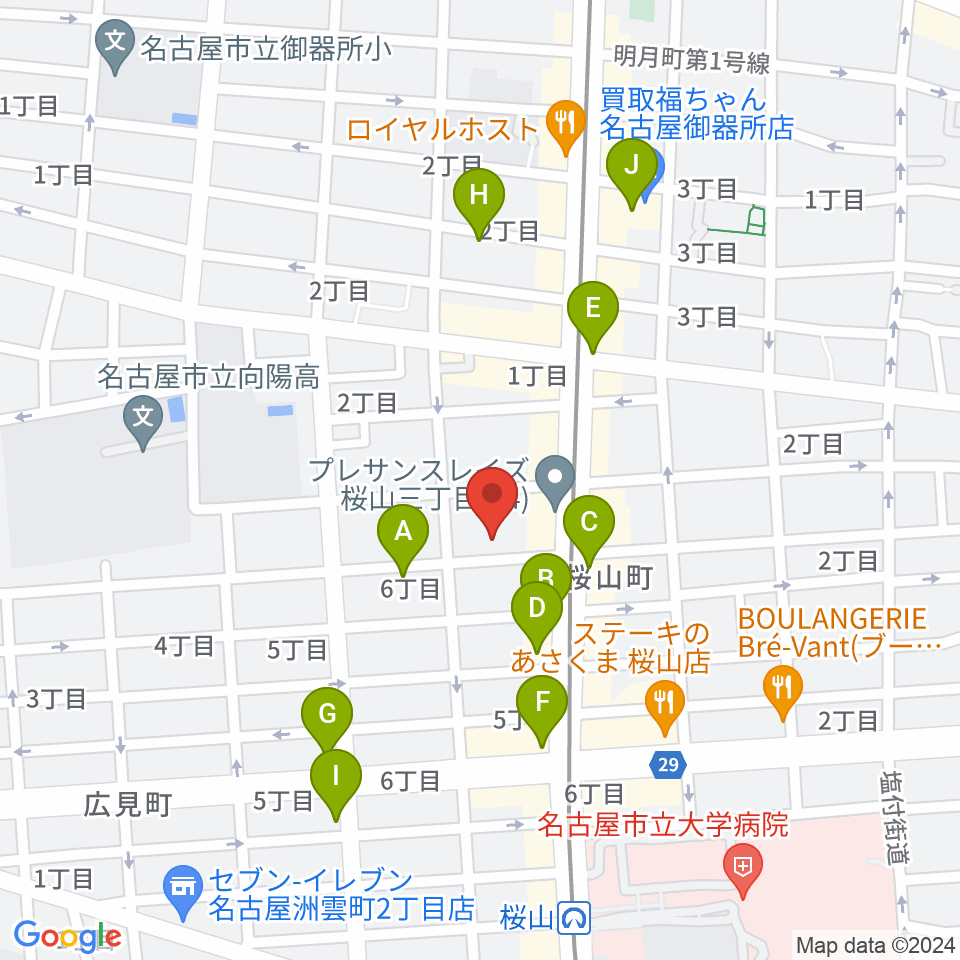 愛曲楽器 桜山本店周辺のカフェ一覧地図