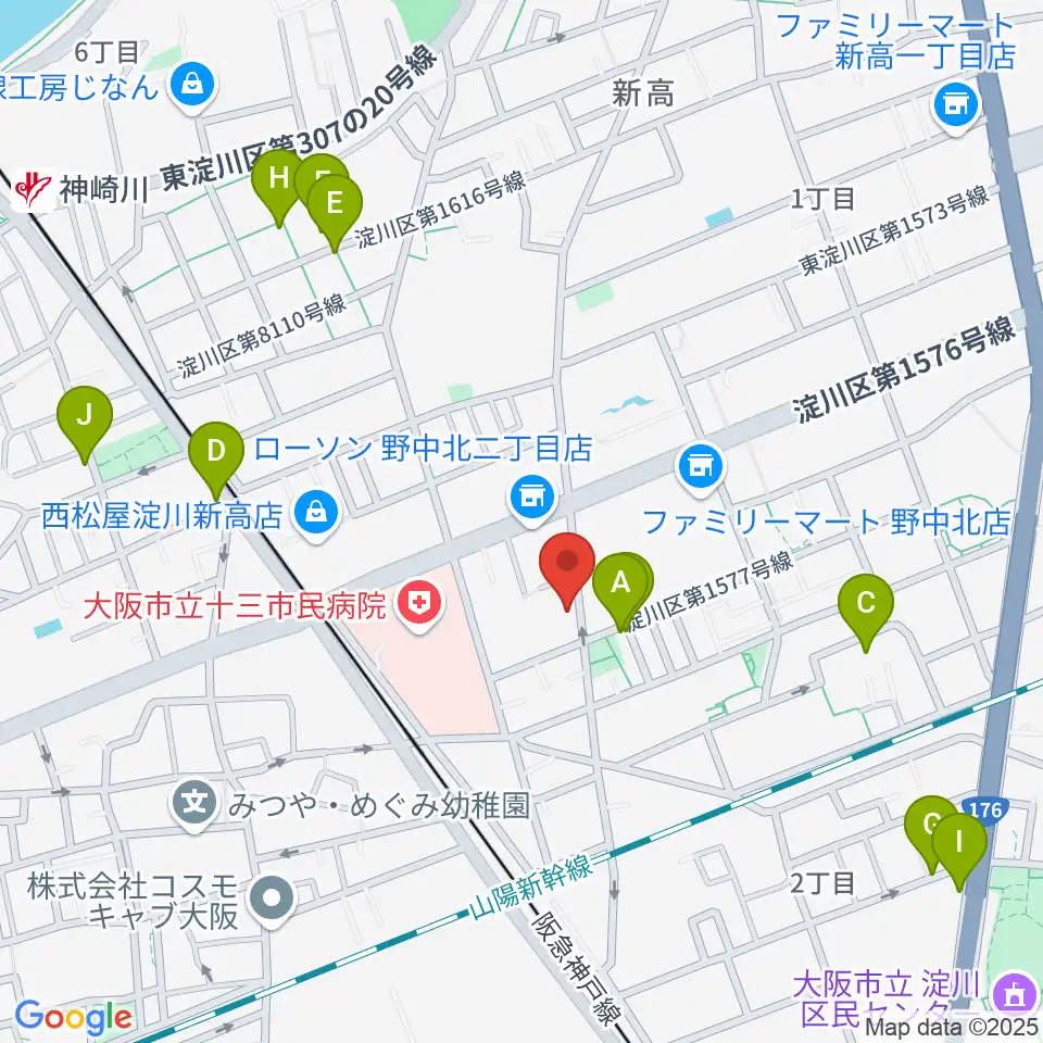 玉田ピアノ本店ショールーム周辺のカフェ一覧地図