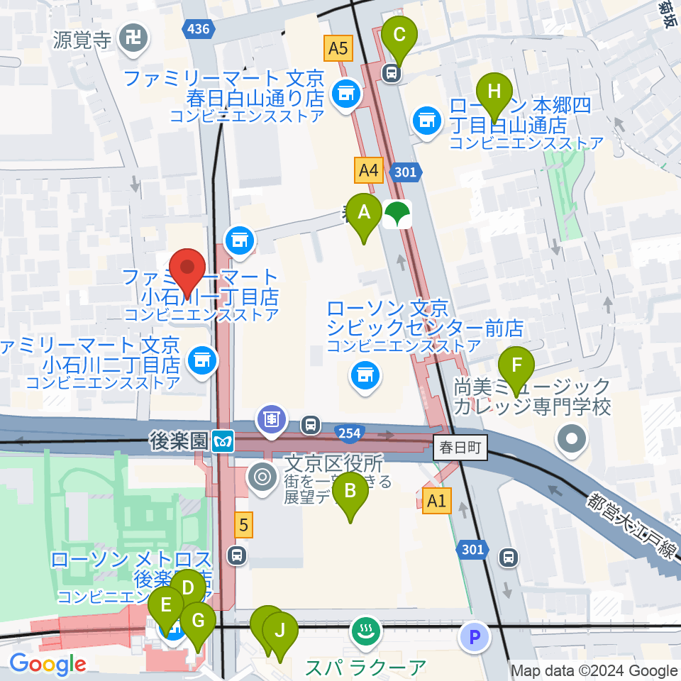 文京楽器周辺のカフェ一覧地図