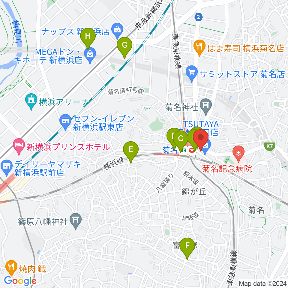 ハタ楽器 菊名駅前店周辺のカフェ一覧地図