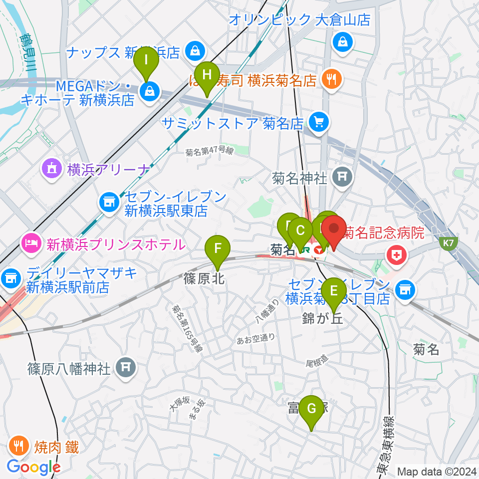 ハタ楽器 菊名駅前店周辺のカフェ一覧地図