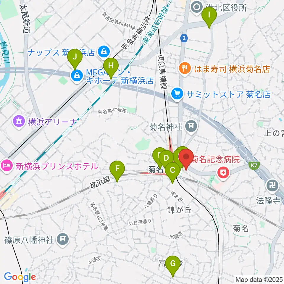 ハタ楽器 菊名駅前店周辺のカフェ一覧地図