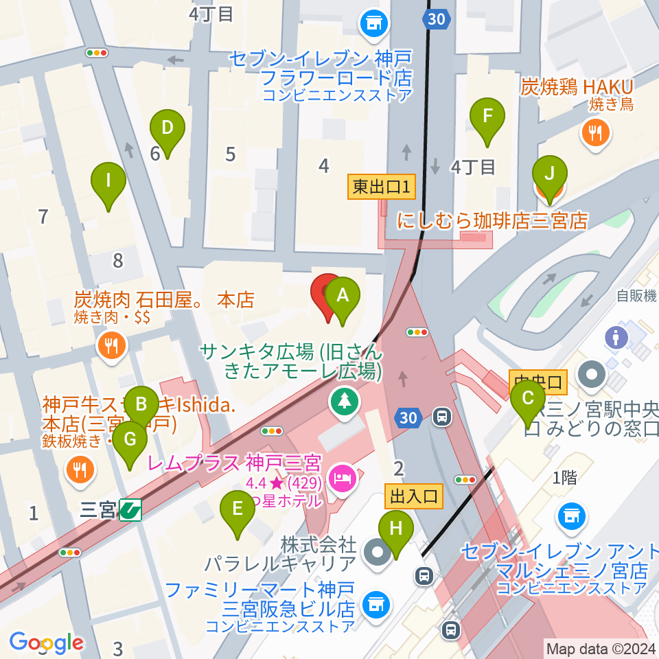 神戸楽譜周辺のカフェ一覧地図