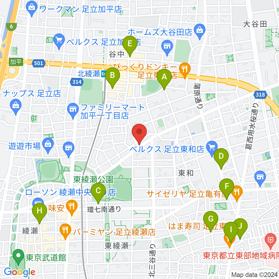 皆川ギター工房周辺のカフェ一覧地図