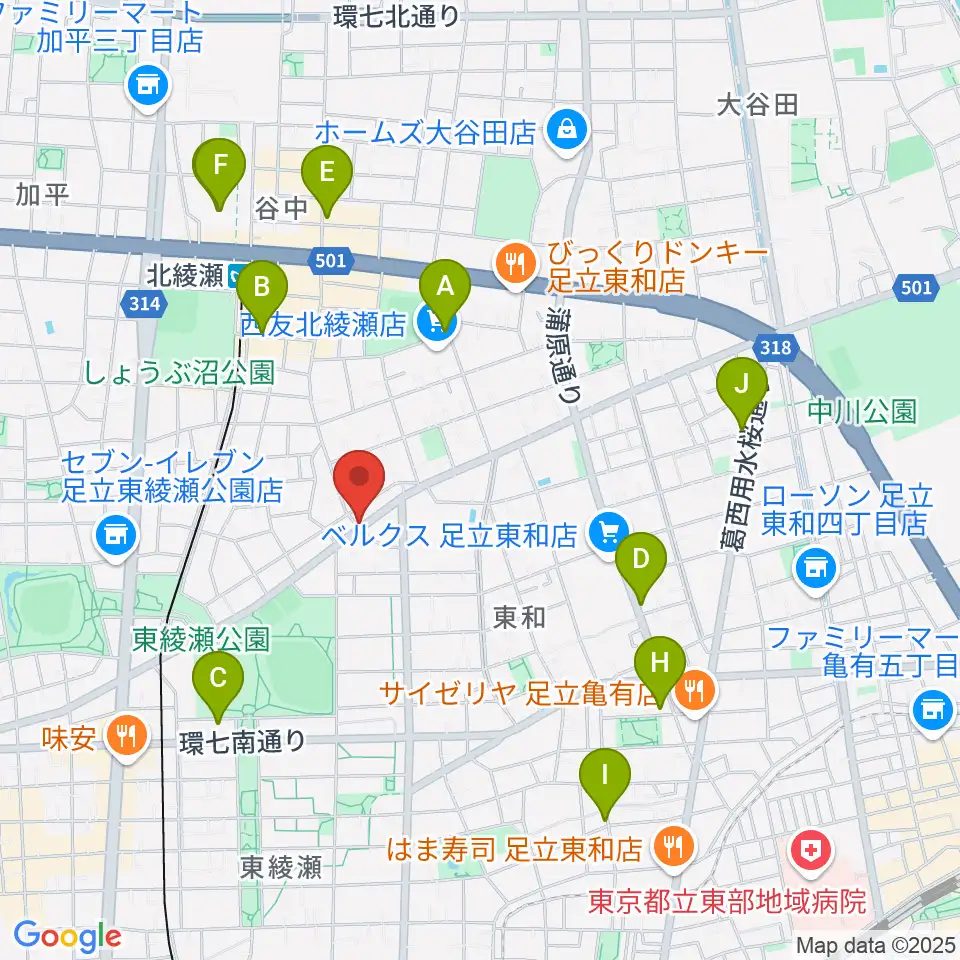皆川ギター工房周辺のカフェ一覧地図