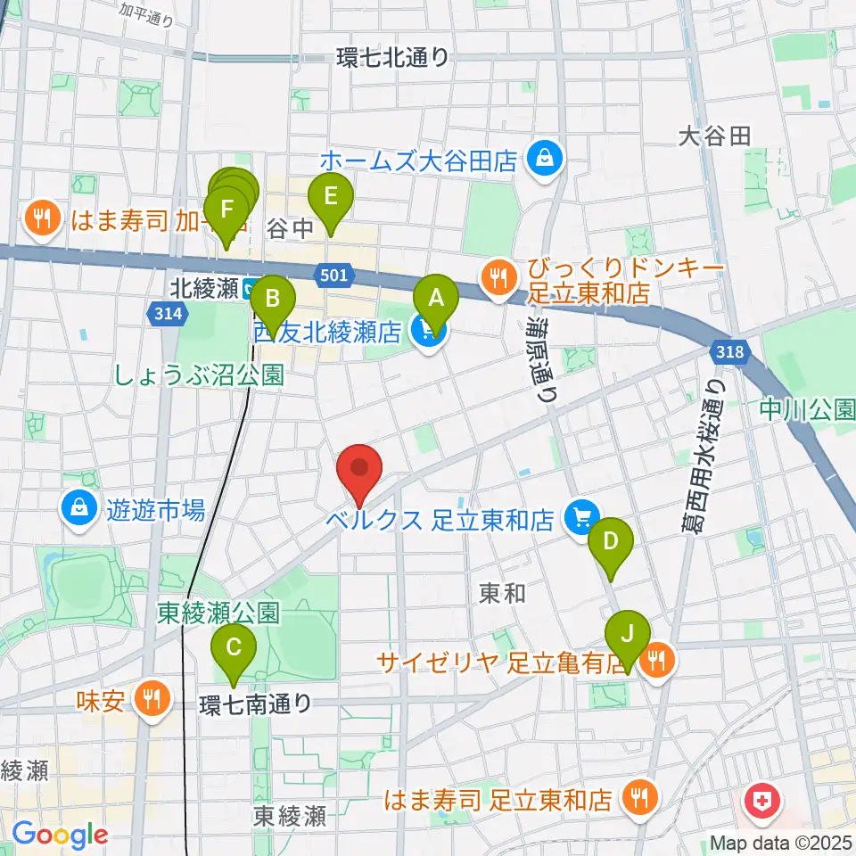 皆川ギター工房周辺のカフェ一覧地図