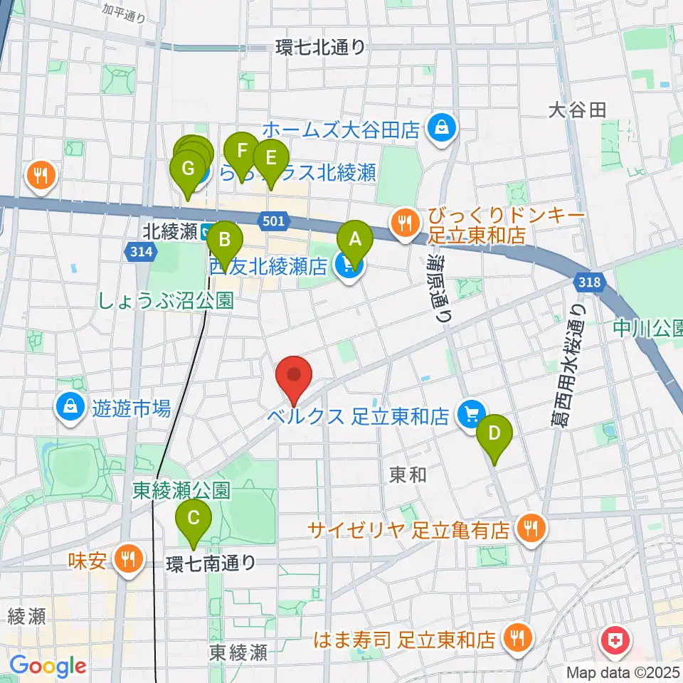 皆川ギター工房周辺のカフェ一覧地図