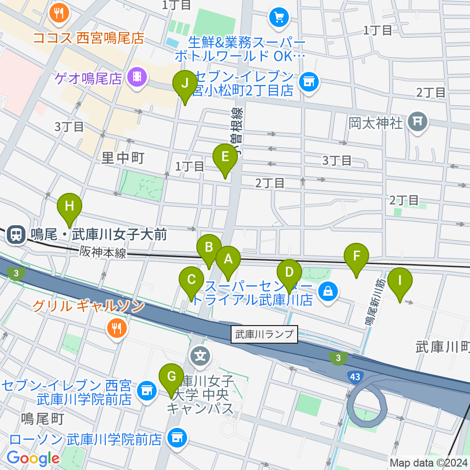 森岡楽器 西宮本店周辺のカフェ一覧地図